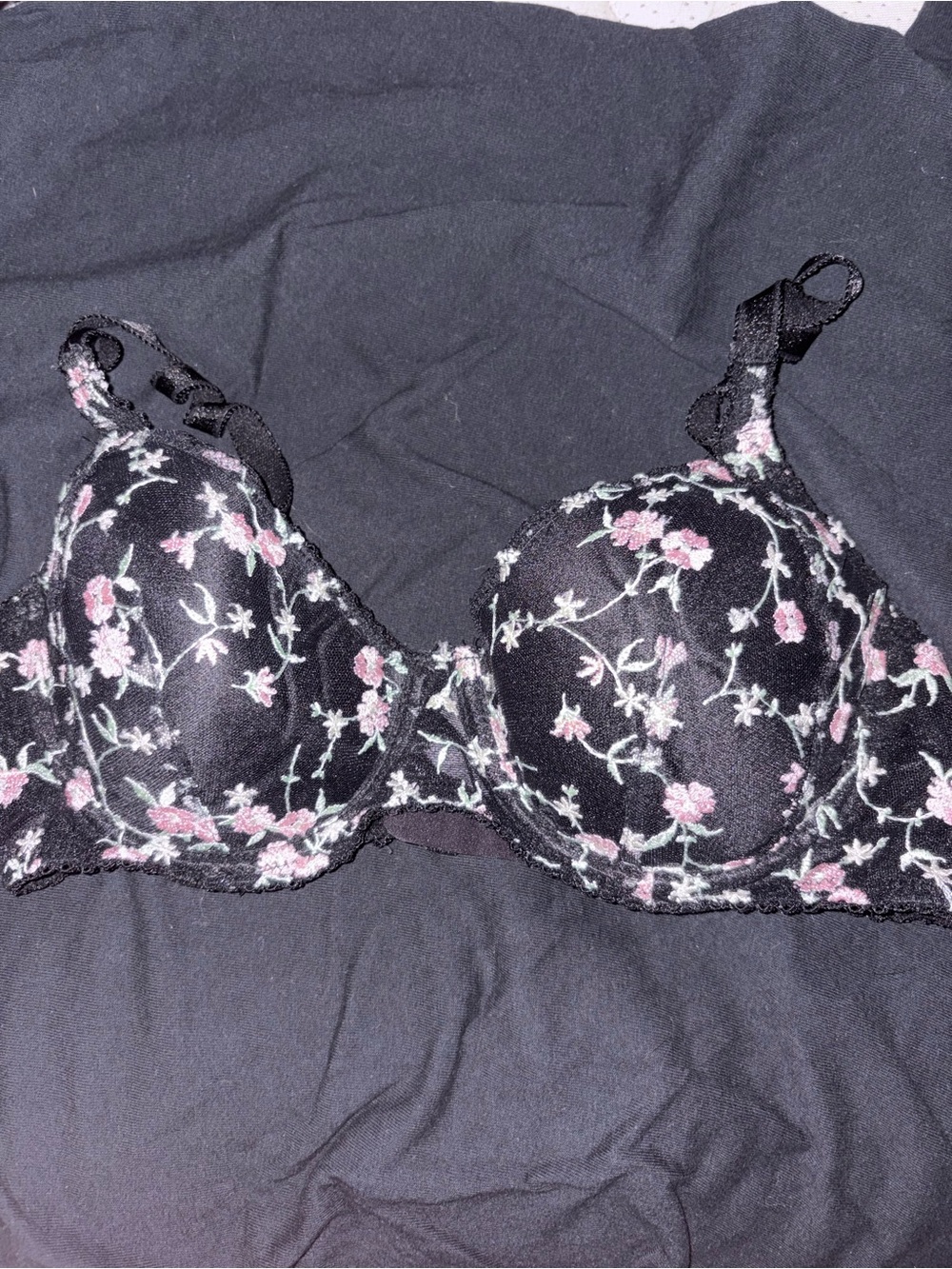 Adore me Floral Embroidered Black Bra with Pink Accents